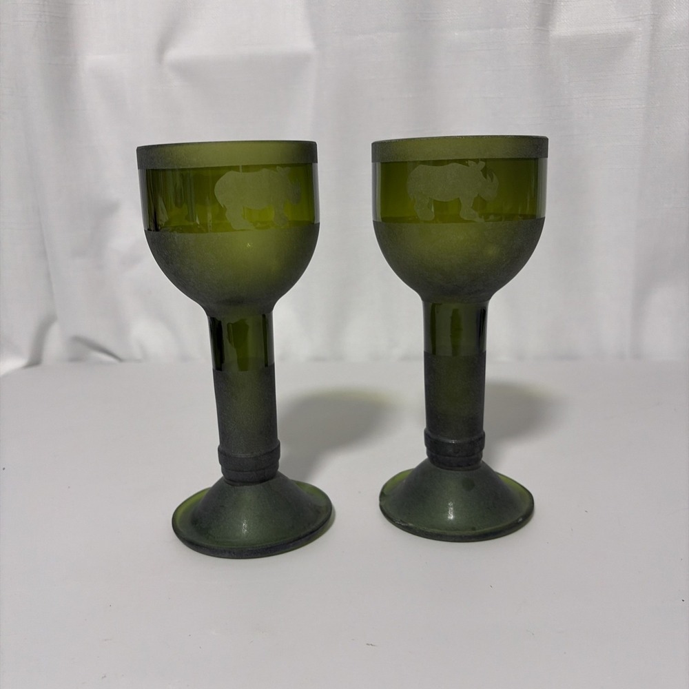 Etched Upcycled Wine Bottle Glass Green Rhino Art Collectible 7.25" Set of 2
